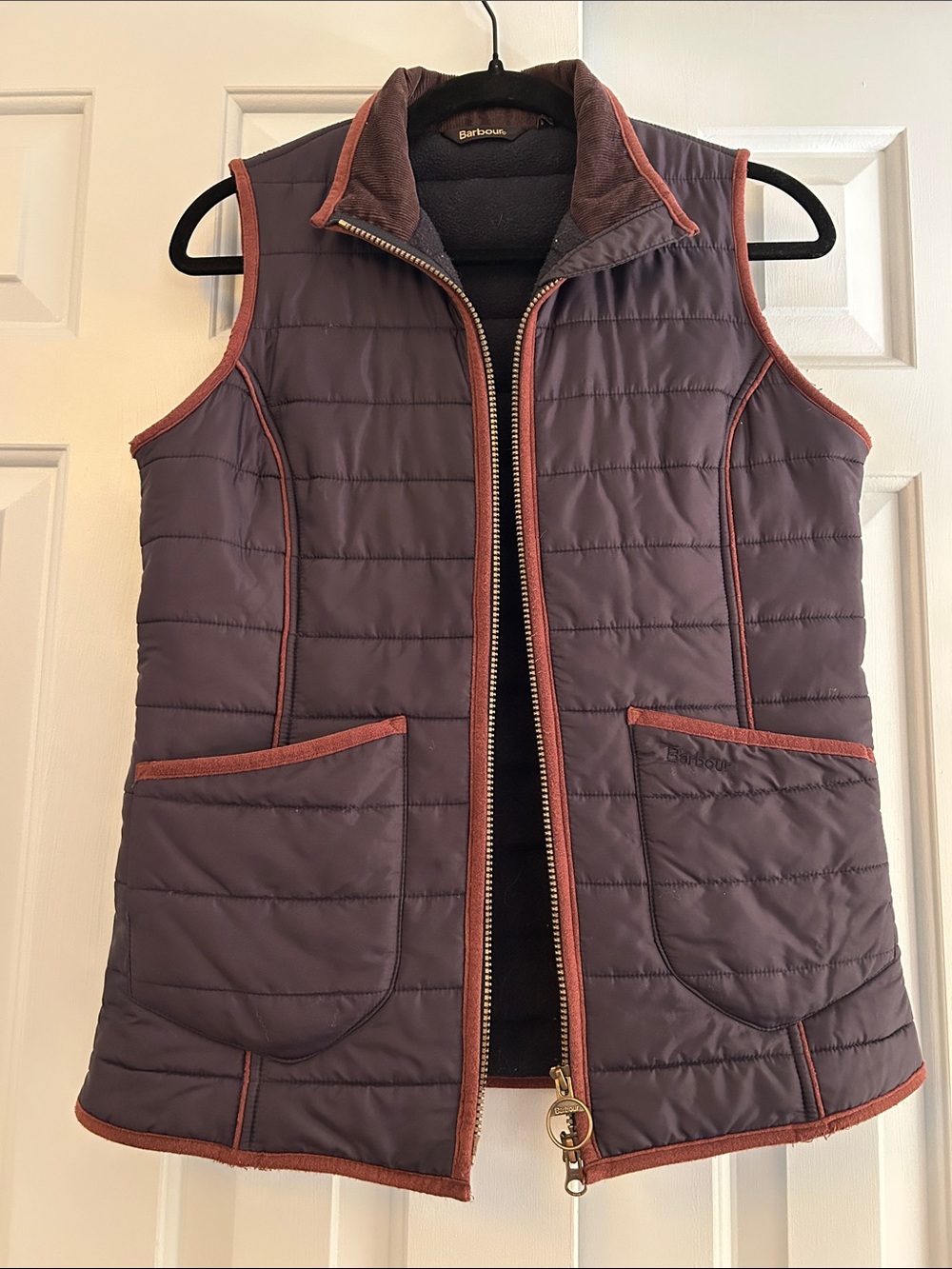 Barbour Quilted Vest in Navy with brown corduroy collar & trim, size UK 8 / US 4